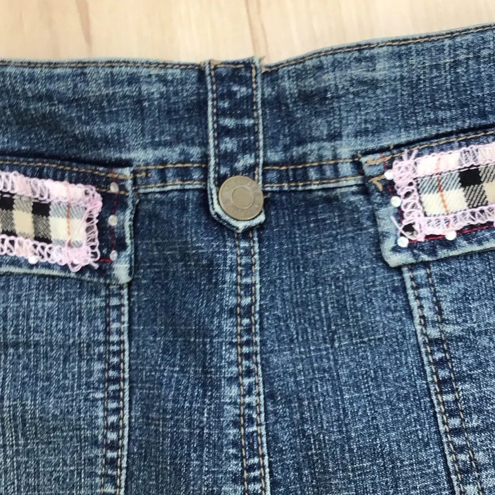 Y2K Rhinestone Bling Plaid Flower Ruffled Blue‎ Jean Denim Pleat Twee Mini Skirt